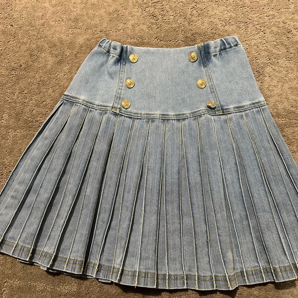 Bace Kids Light Blue Denim Pleated Skirt with Gold Buttons size 8